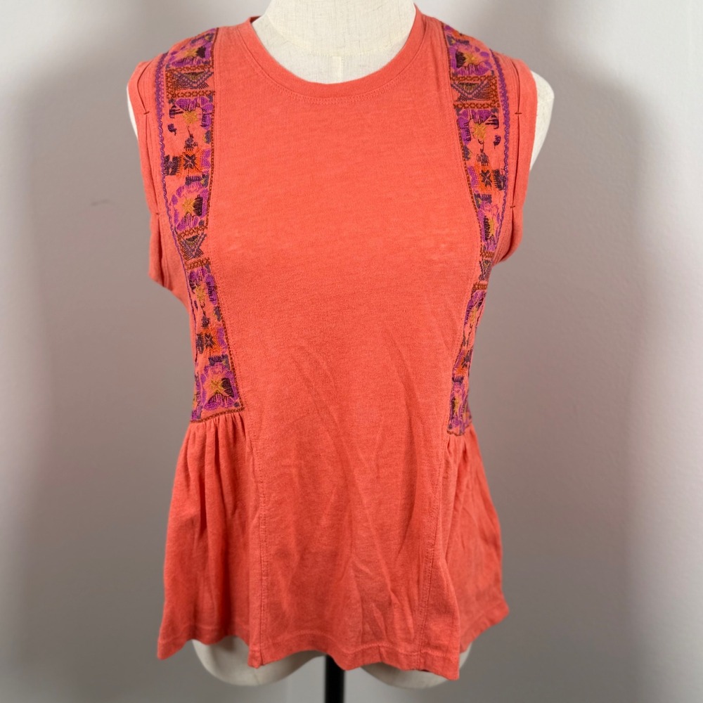 Free People Marcy XS Sleeveless Peplum Top‎ Coral Embroidered Boho Slub Festival